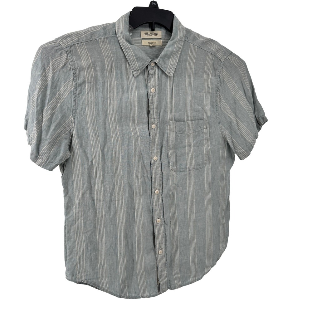 Madewell Mens Linen Shirt Large Blue Perfect Fit Short Sleeve Striped